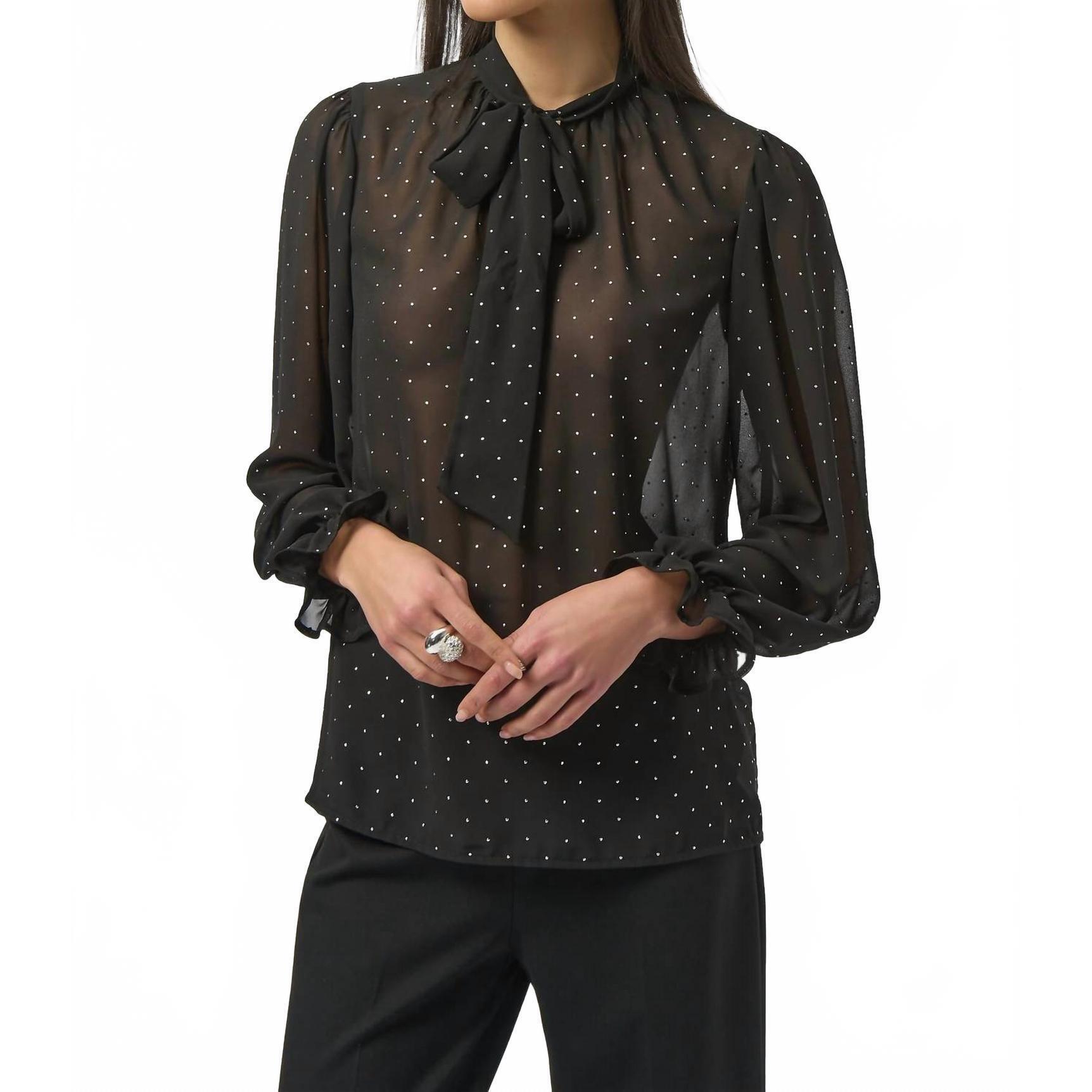 New Joseph Ribkoff Studded Sheer Chiffon Pussy Bow Top In Black/Silver